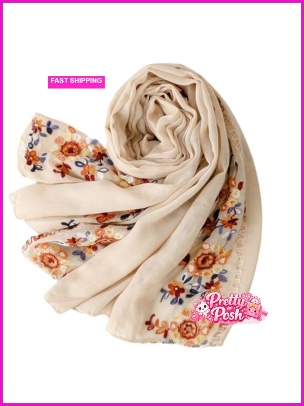Lightweight Floral Embroidered Scarf Shawl Wrap Extra Large